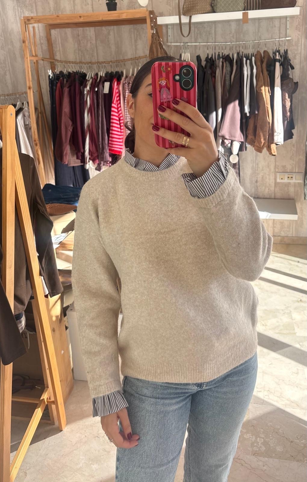 Jersey cuello camisa taupe