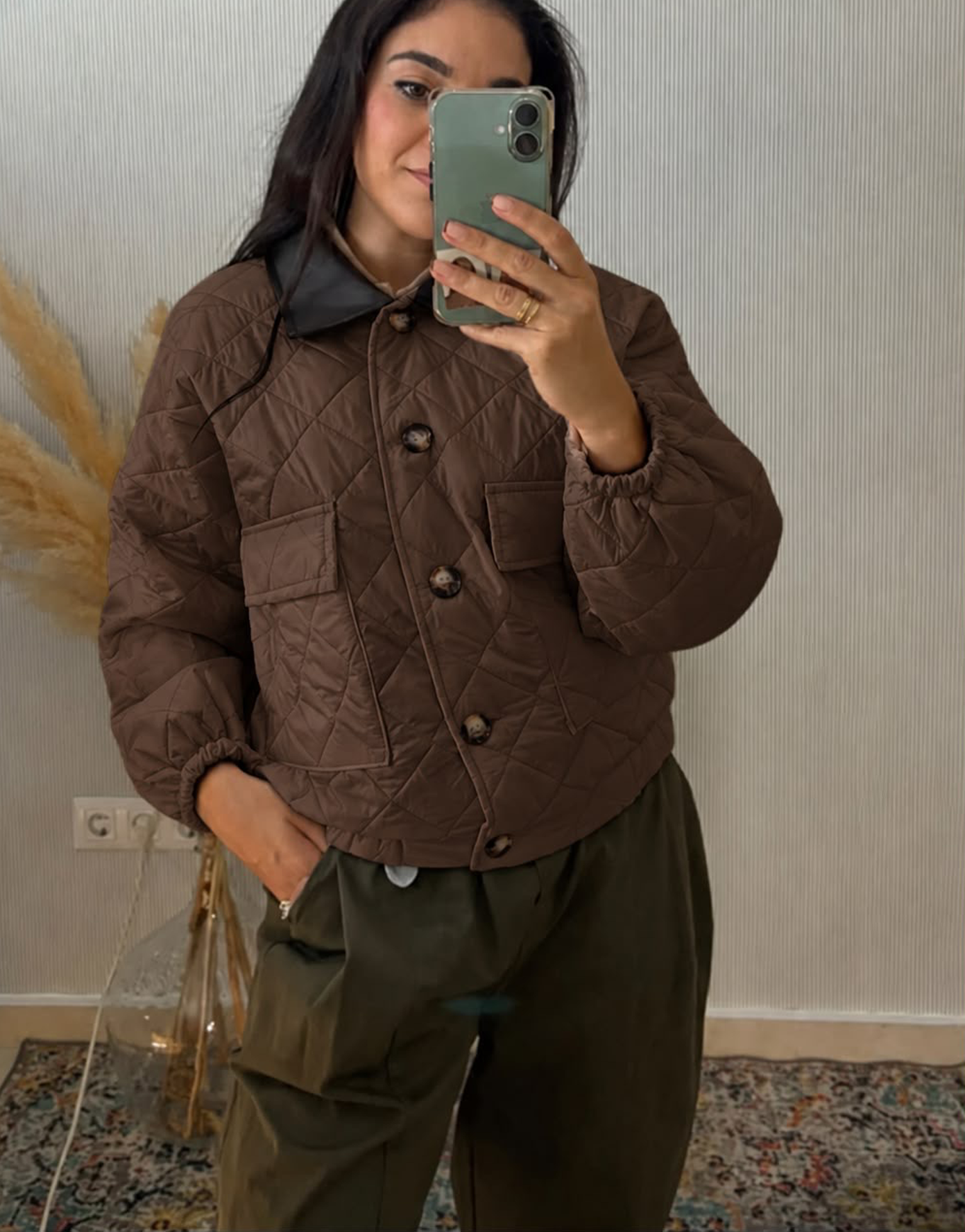 Chaqueta acolchada cuello polipiel (Marrón)